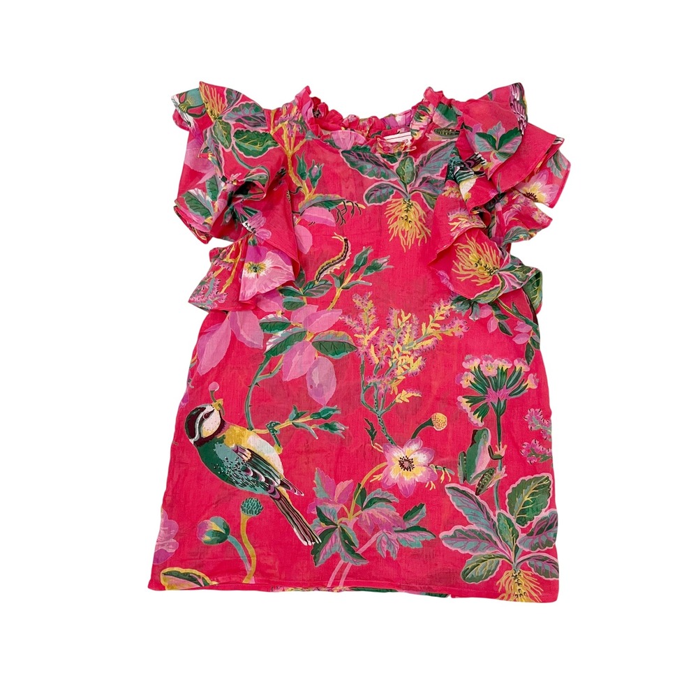 Banjanan Klara Pink Floral Bird Print Ruffle Flutter Sleeve Cotton Top Size XS